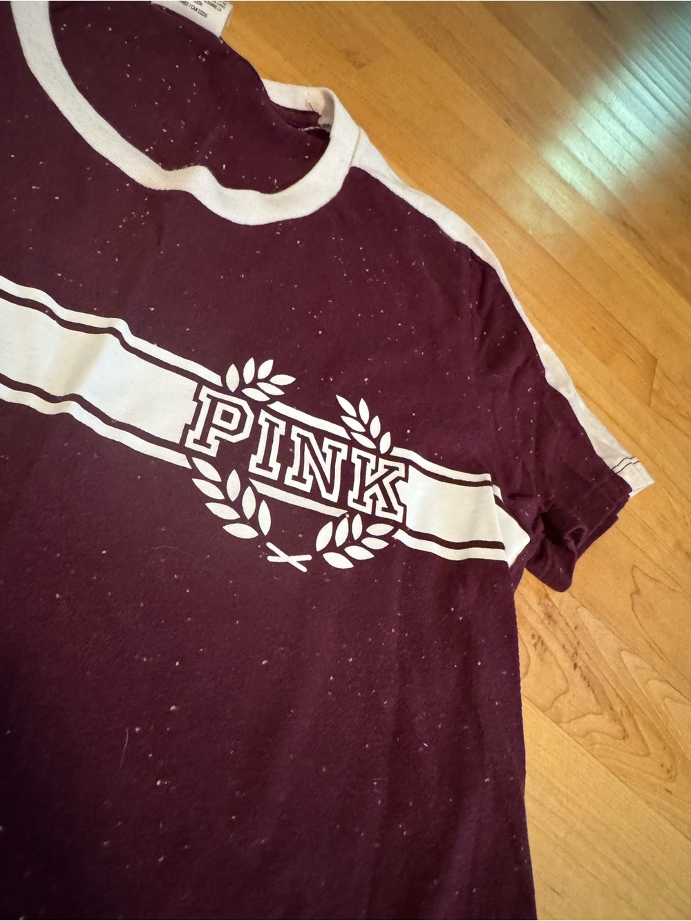 Victoria's Secret PINK Maroon Short Sleeve Tee with White Stripe